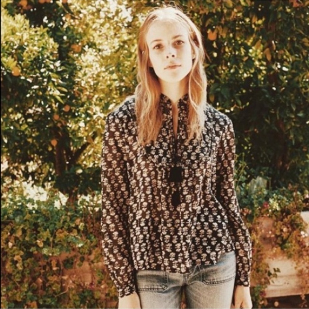 DÔEN Hamsa Long Sleeve Quilted Floral Blouse Top 100% Cotton Size L